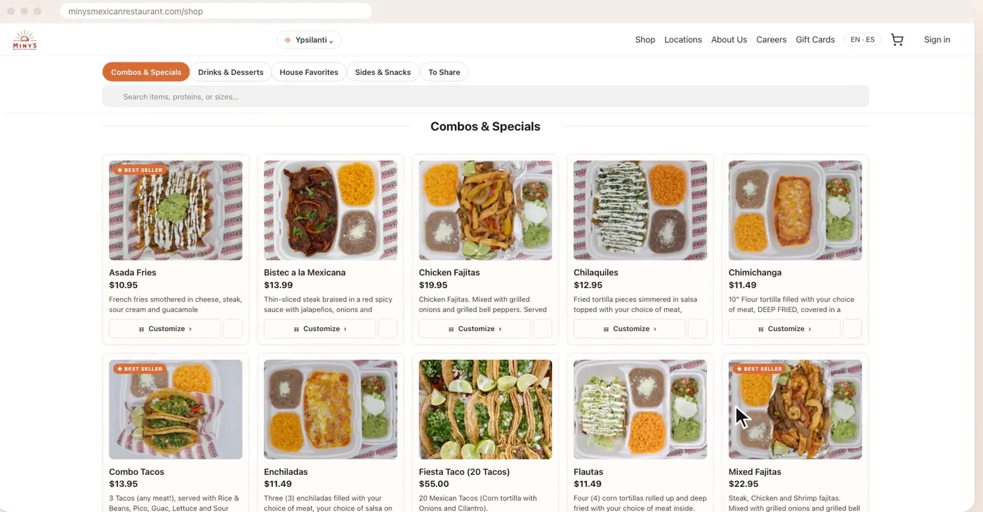 A restaurant ordering website showing a menu of combos with photos