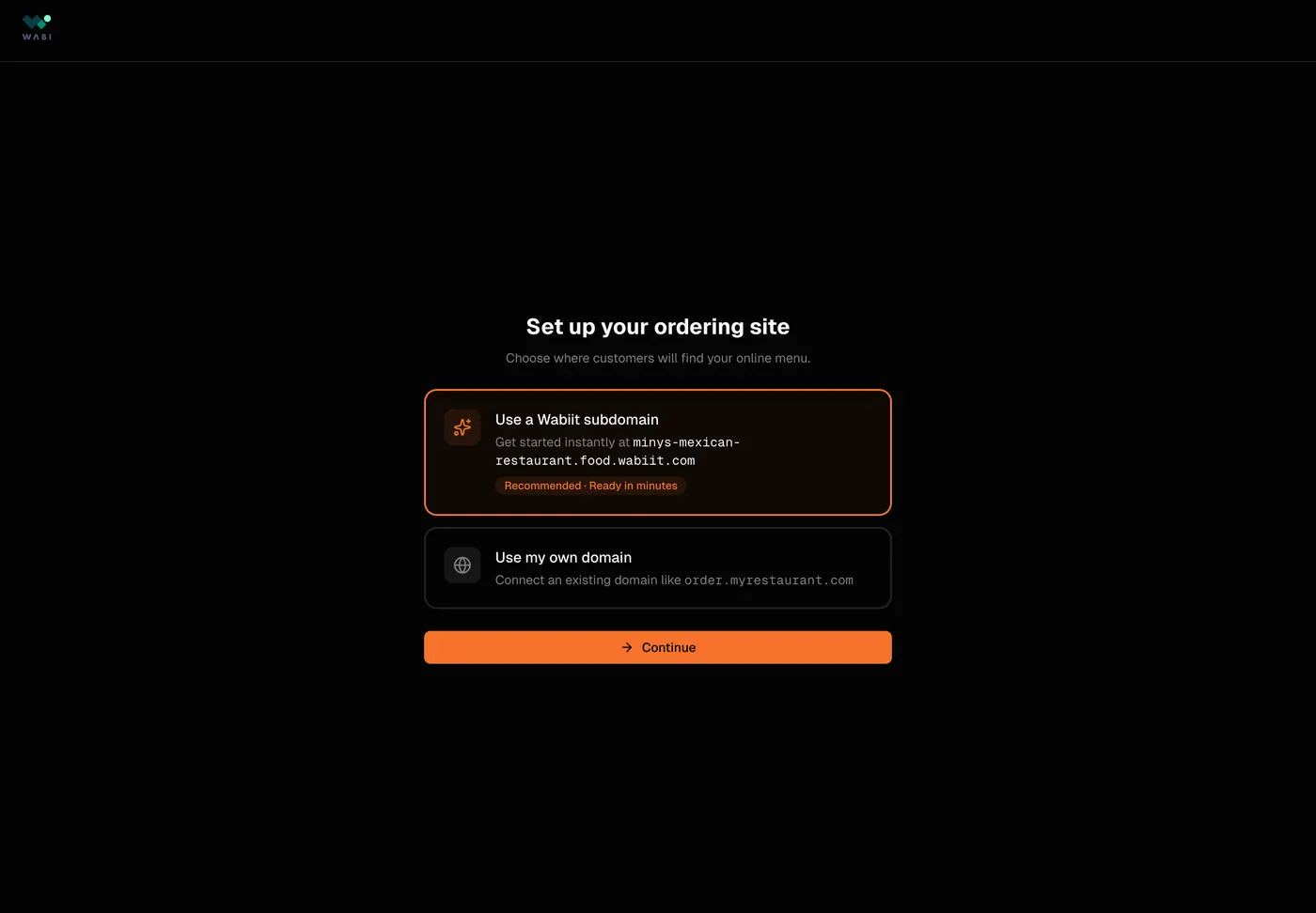 The Wabiit setup screen: Set up your ordering site