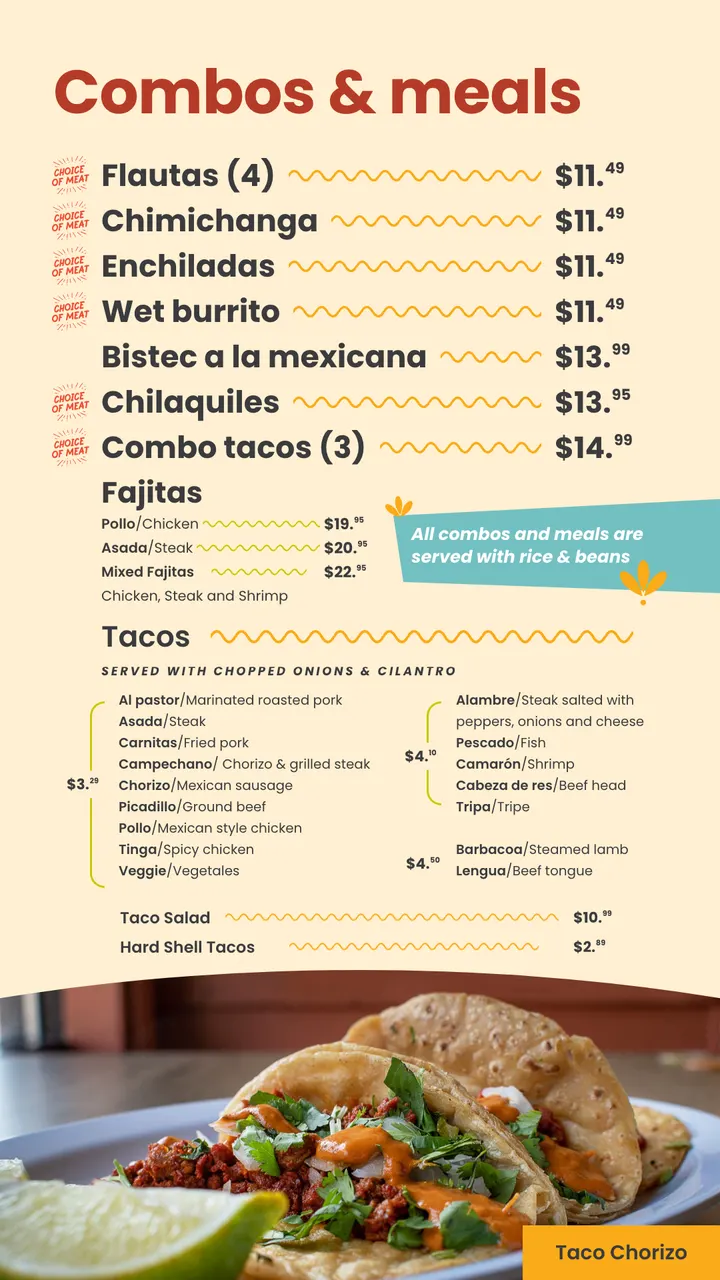 A digital menu board showing combos and tacos with prices