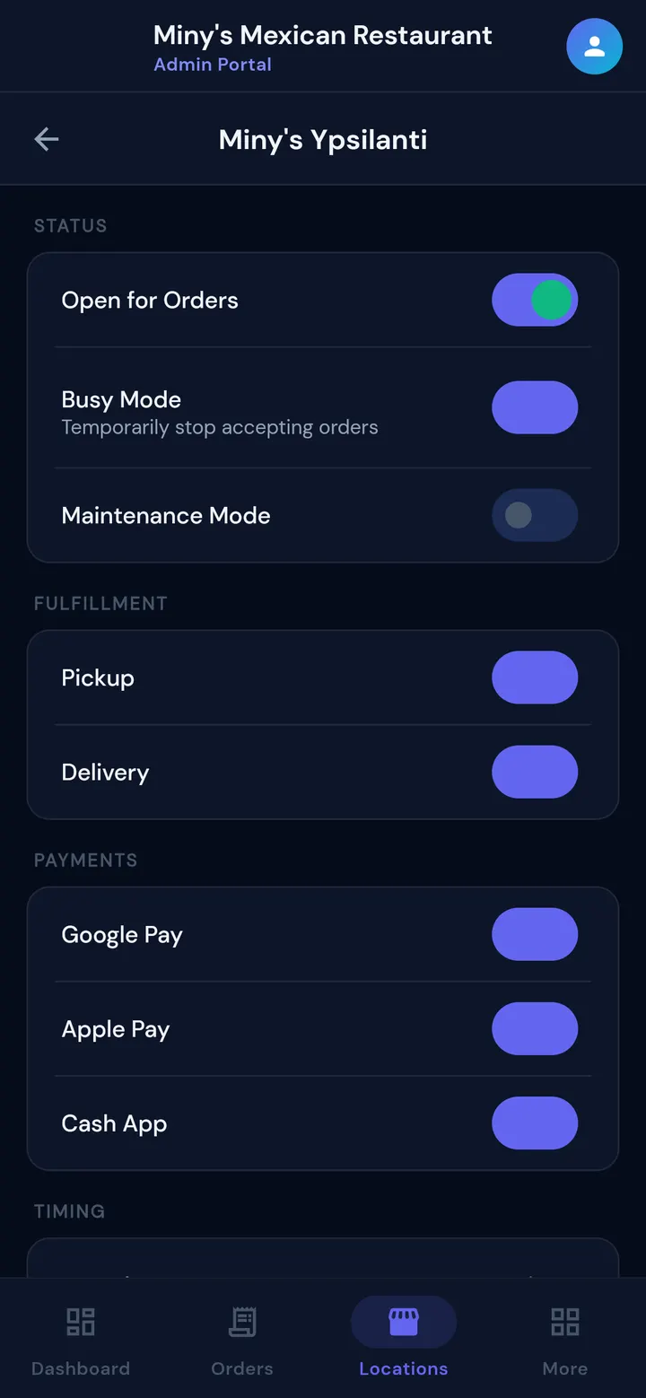 The Wabiit owner app showing the store status switches for one location